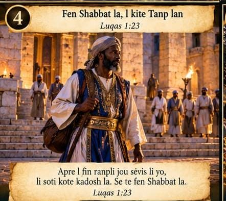 Fin de son service, il quitte le Temple — Luqas 1:23