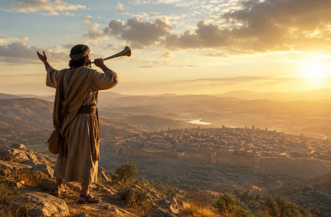 Un messager debout sur une montagne annonçant la victoire à une cité lointaine