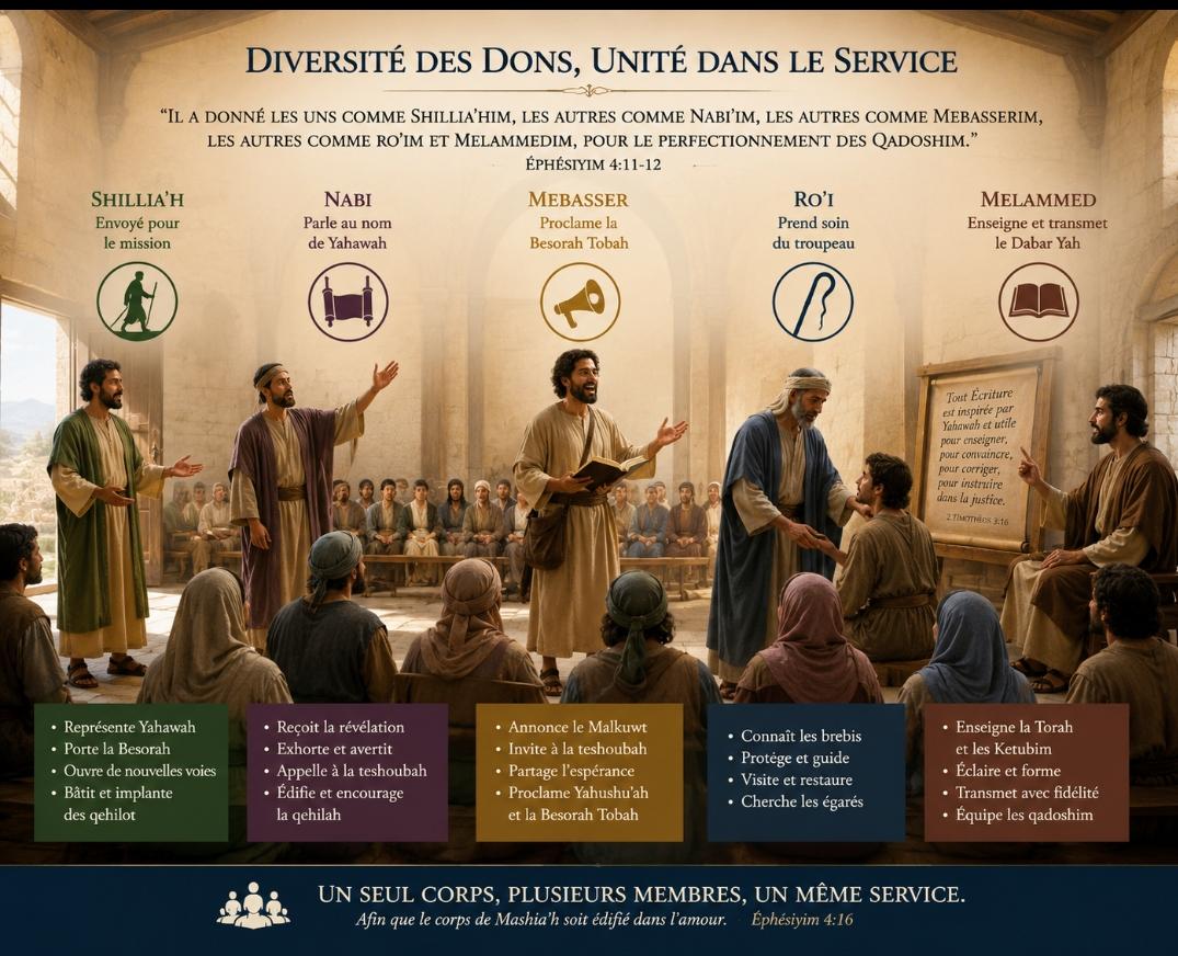 Une assemblée où l'on distingue visuellement différents serviteurs exerçant des fonctions complémentaires