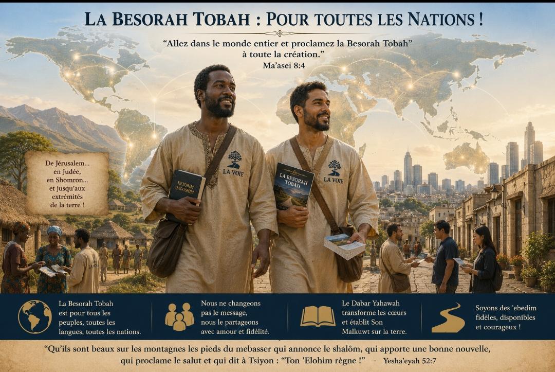 Deux Mebasserim de La Voie parcourant villes et campagnes, avec une carte du monde en arrière-plan