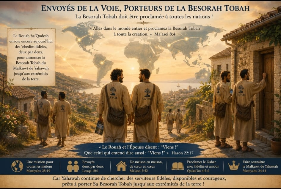 Des Mebasserim de La Voie, envoyés deux par deux, marchant vers des maisons, une discrète carte du monde en arrière-plan