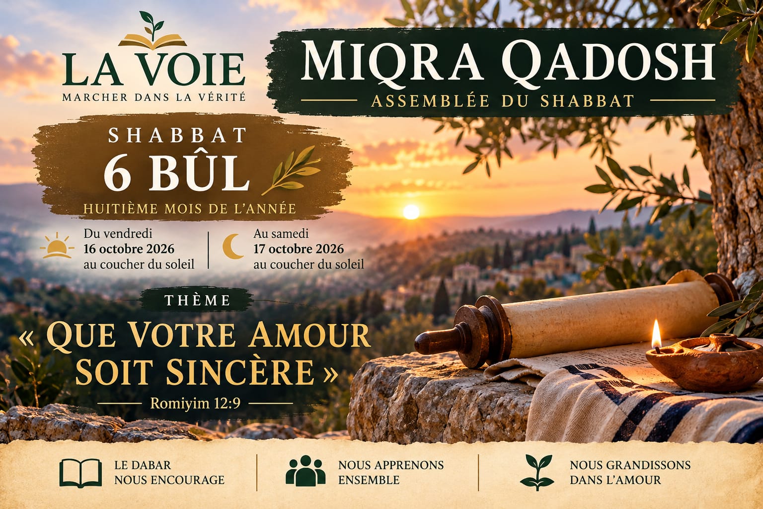 Programme officiel Miqra Qadosh — Shabbat 6 Bûl — Que votre amour soit sincère — Romiyim 12:9